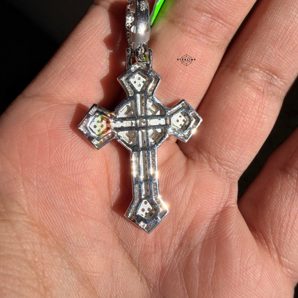 Moissanite Cross Pendant 925 Sterling Silver, Iced Out Baguette Cross Necklace, Hip Hop Jewelry Gift for Men w Rope Chain