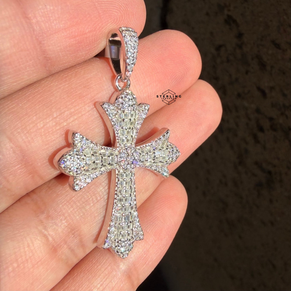 Moissanite Iced Out Chrome Cross Pendant 925 Sterling Silver, Passes Diamond Tester, GRA Certified, Gothic Cross Necklace, Free Steel Rope Chain