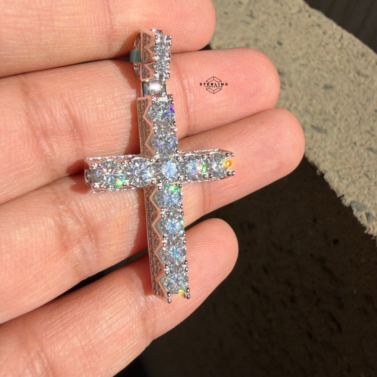 Moissanite Tennis Cross Iced Sides Pendant