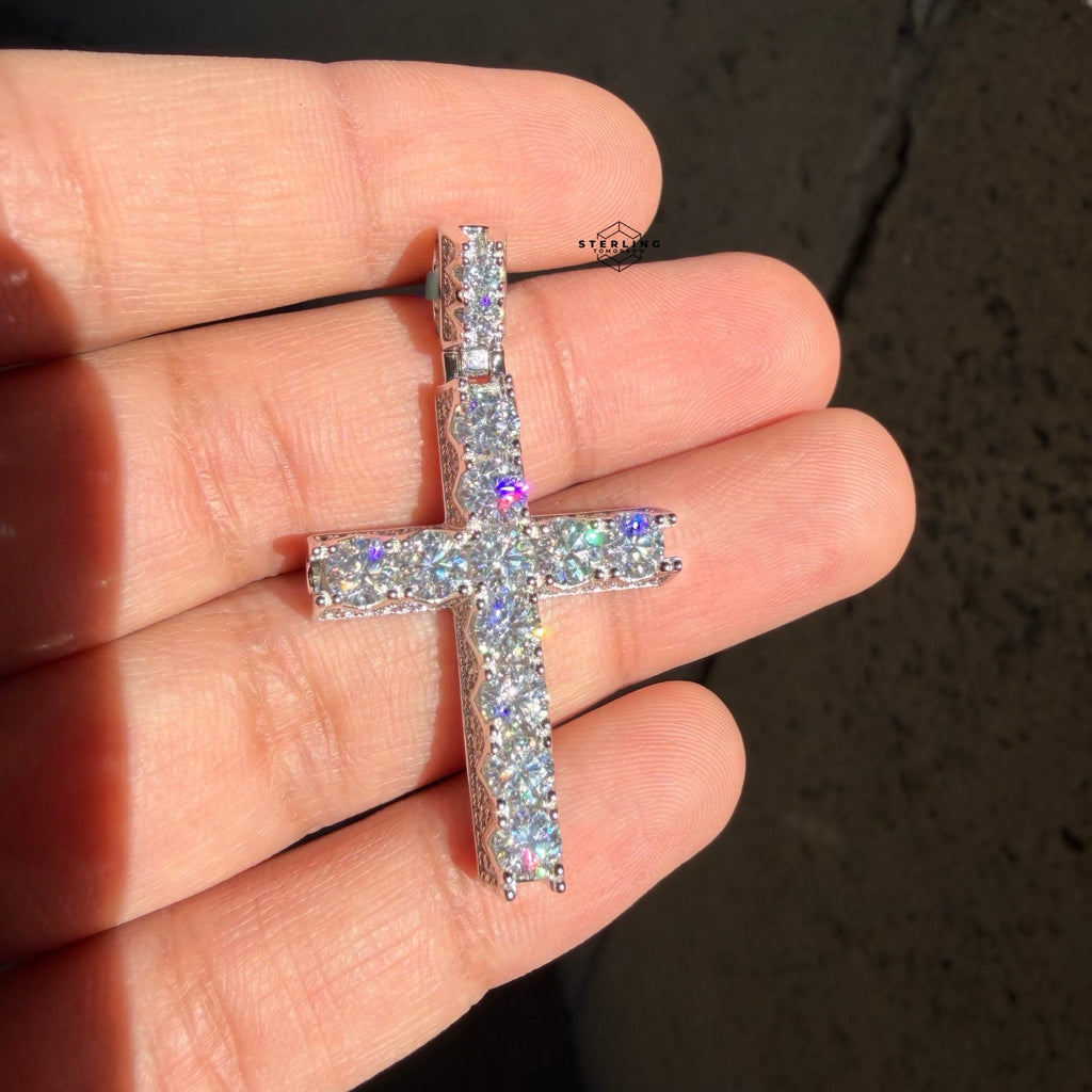 Moissanite Tennis Cross Iced Sides Pendant
