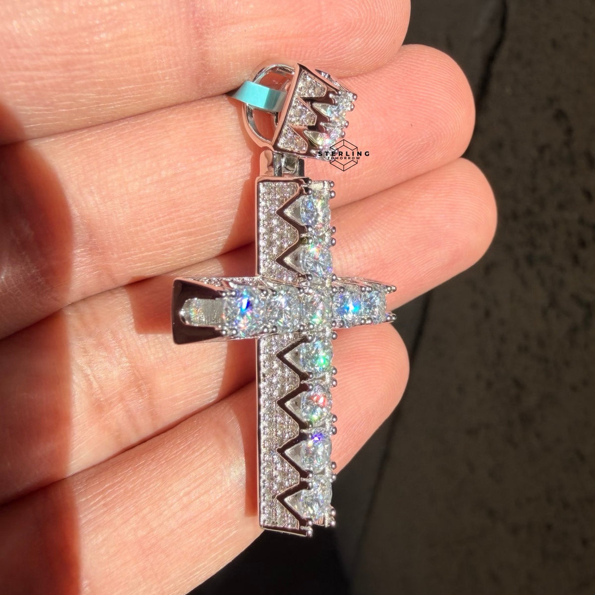 Moissanite Tennis Cross Iced Sides Pendant