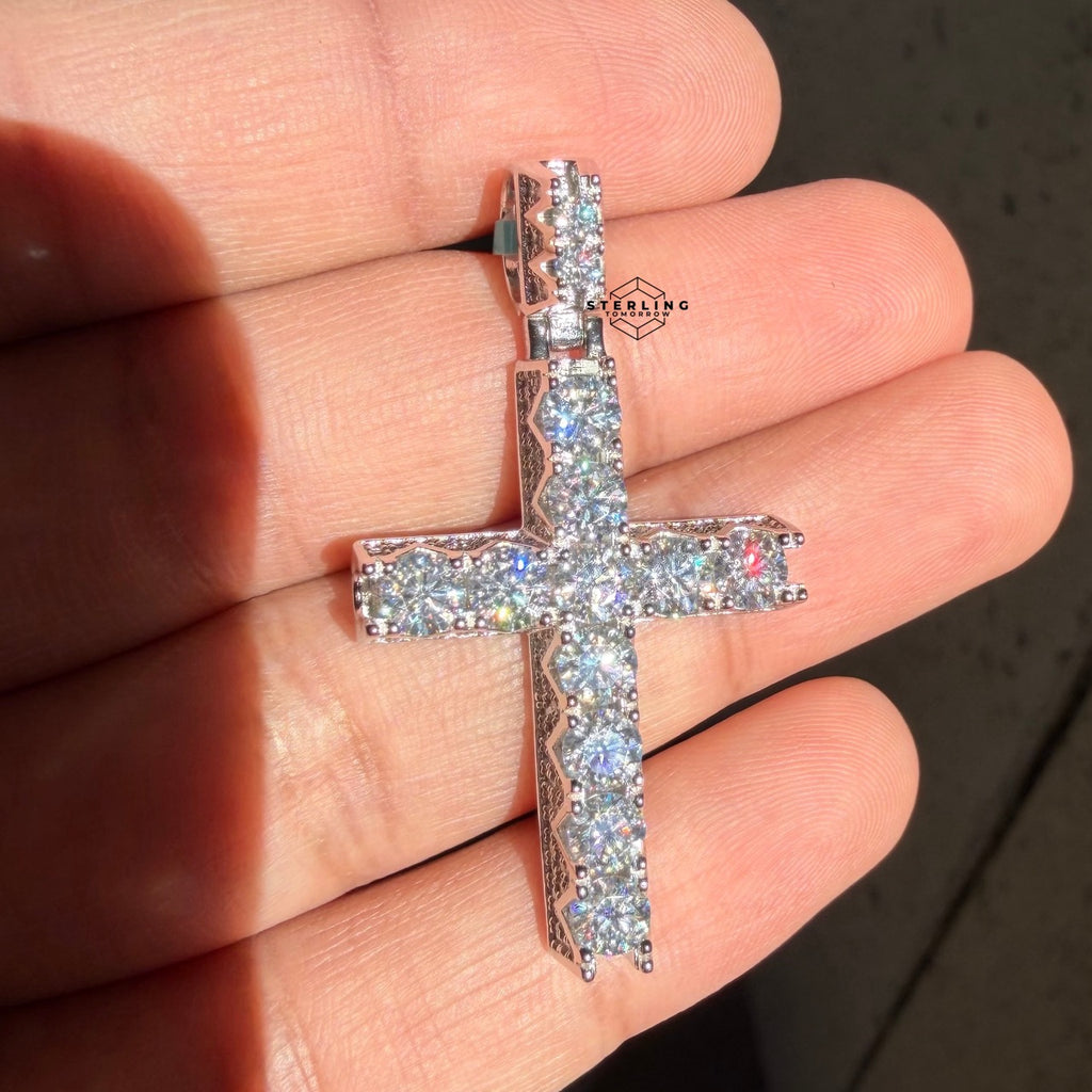 Moissanite Tennis Cross Iced Sides Pendant