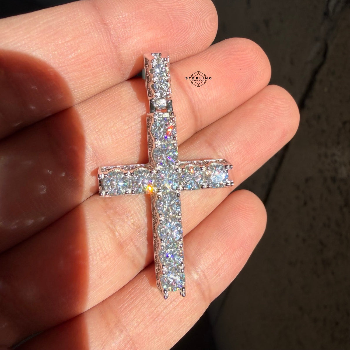 Moissanite Tennis Cross Iced Sides Pendant