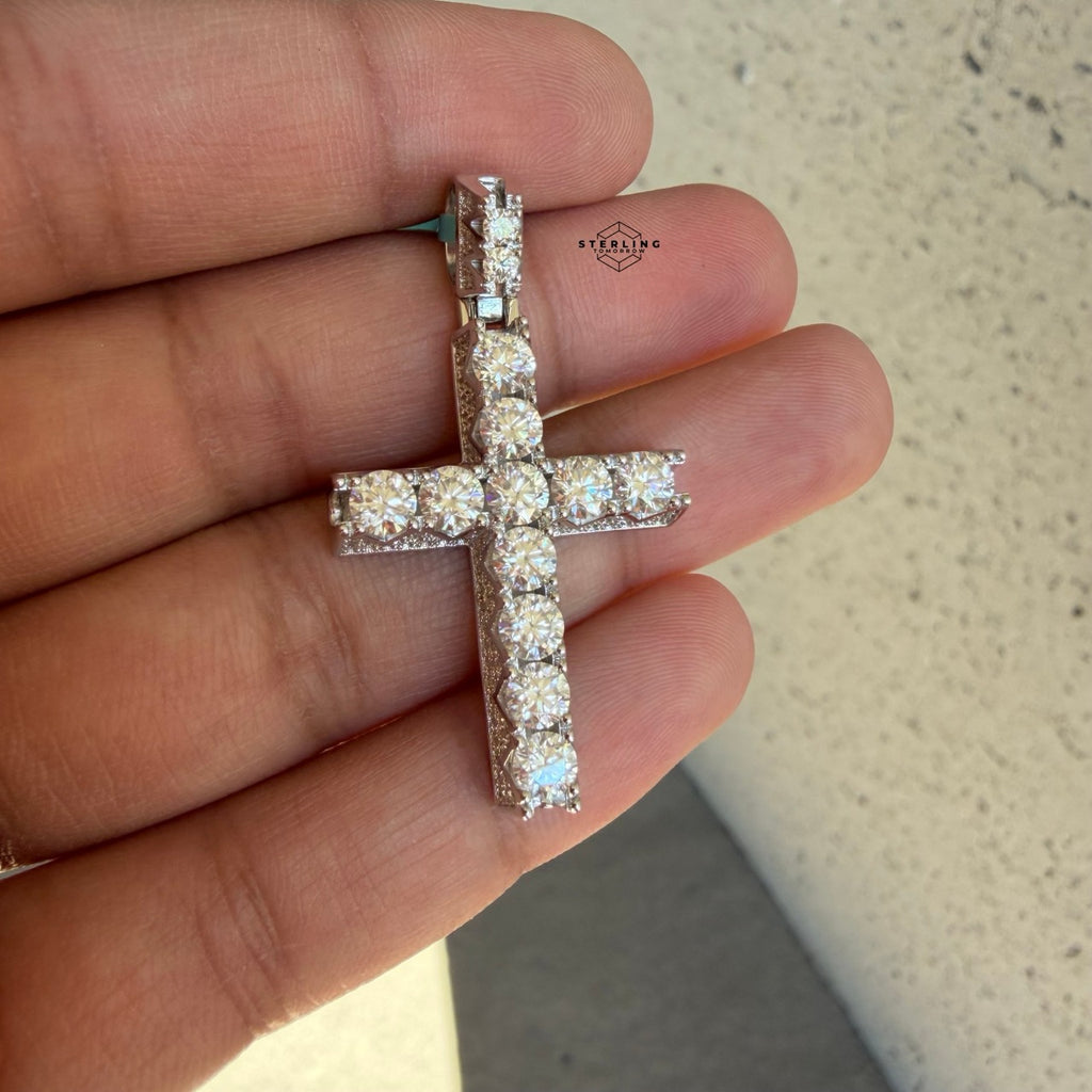 Moissanite Tennis Cross Iced Sides Pendant