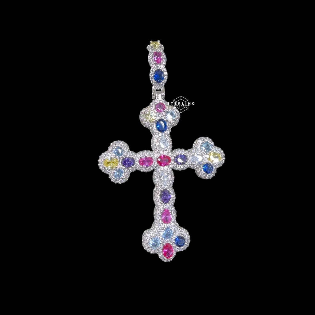 Multi Color Cross Pendant 14k White Gold Finish