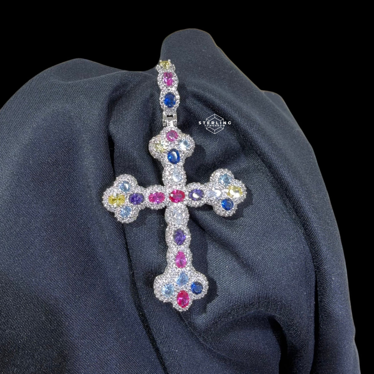 Multi Color Cross Pendant 14k White Gold Finish
