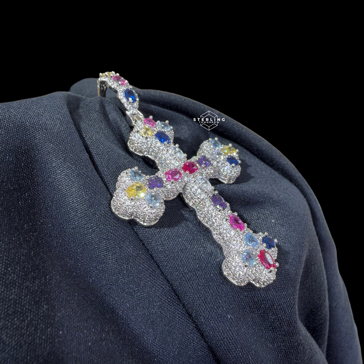 Multi Color Cross Pendant 14k White Gold Finish