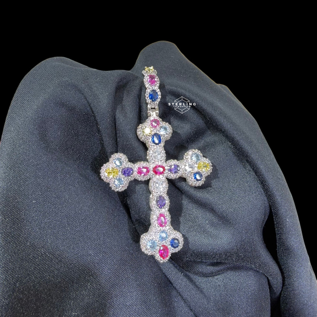 Multi Color Cross Pendant 14k White Gold Finish