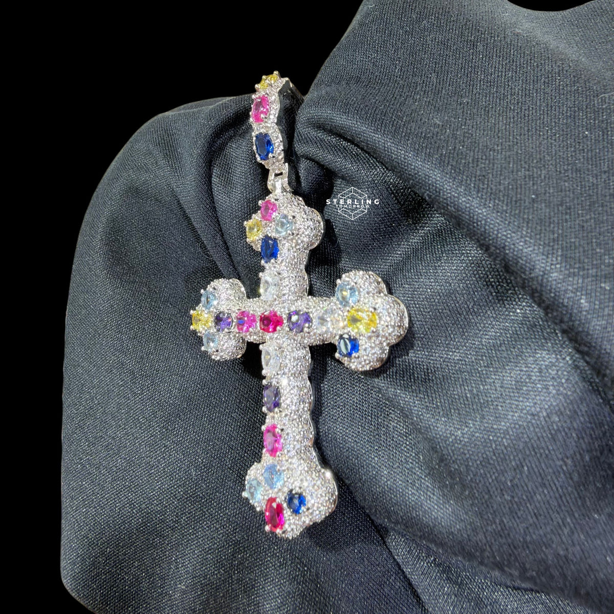 Multi Color Cross Pendant 14k White Gold Finish