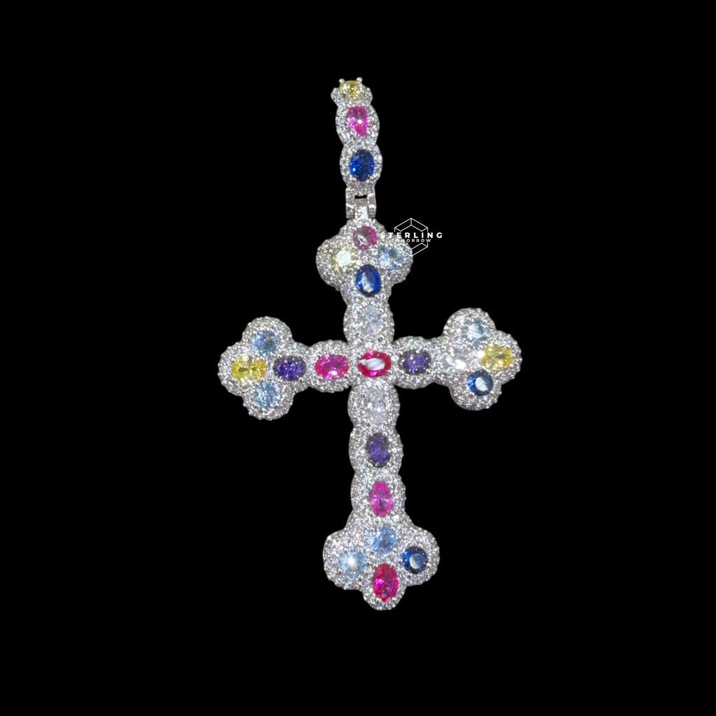 Multi Color Cross Pendant 14k White Gold Finish