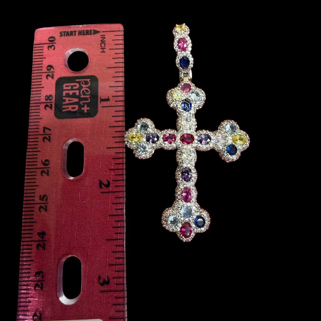 Multi Color Cross Pendant 14k White Gold Finish