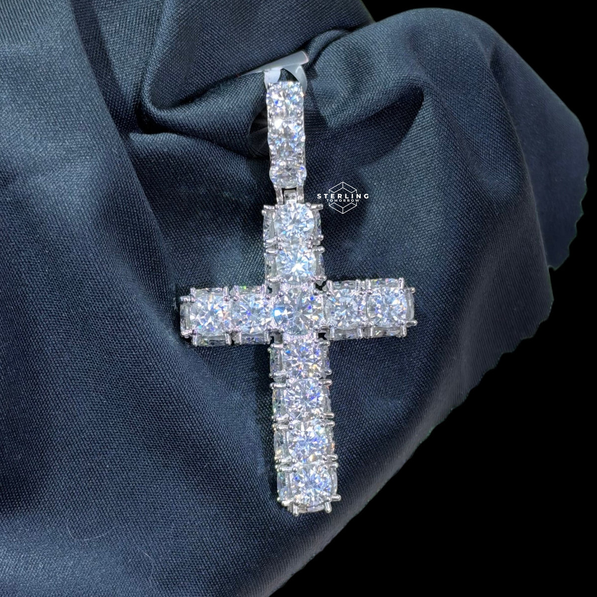 Moissanite Tennis Cross Pendant Iced Out Sides