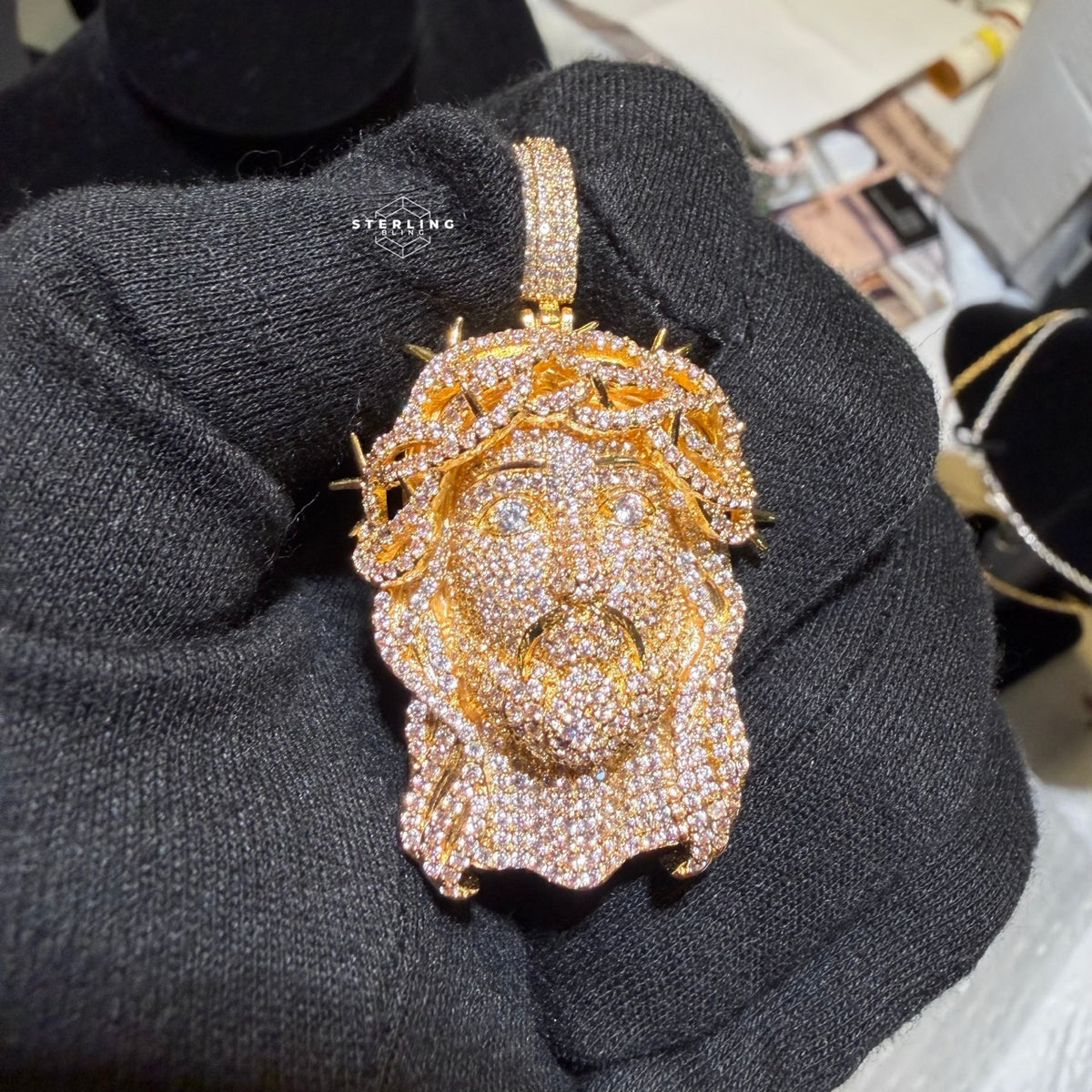 Iced Out Jesus Pendant Crown of Thorns Necklace 14k Gold Plated Religious Mens Christian Bling Chain + Free Steel AntiTarnish Rope Chain