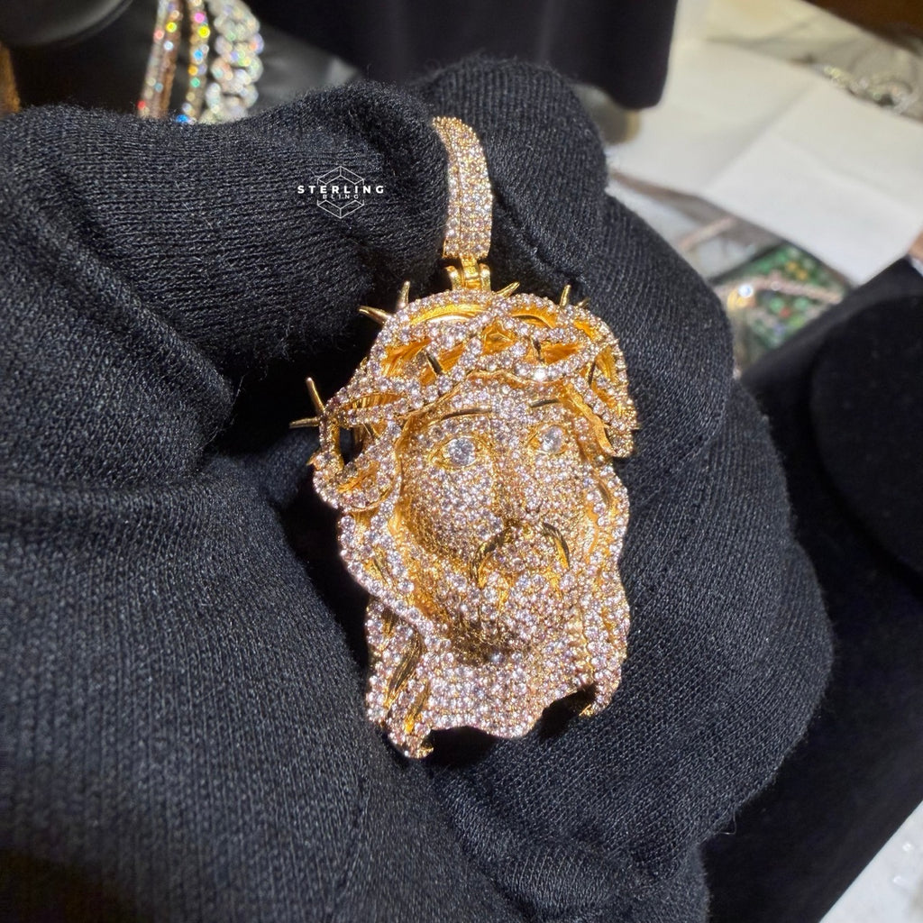 Iced Out Jesus Pendant Crown of Thorns Necklace 14k Gold Plated Religious Mens Christian Bling Chain + Free Steel AntiTarnish Rope Chain