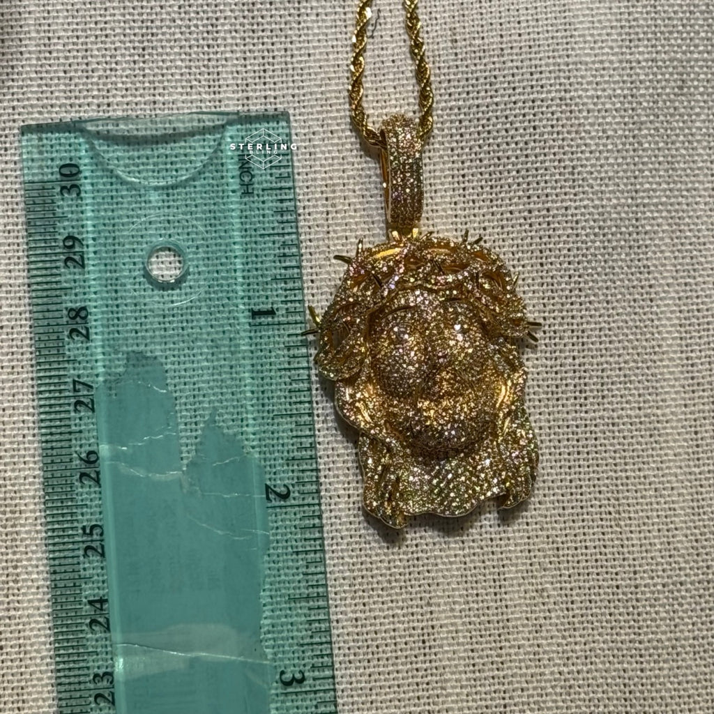Iced Out Jesus Pendant Crown of Thorns Necklace 14k Gold Plated Religious Mens Christian Bling Chain + Free Steel AntiTarnish Rope Chain