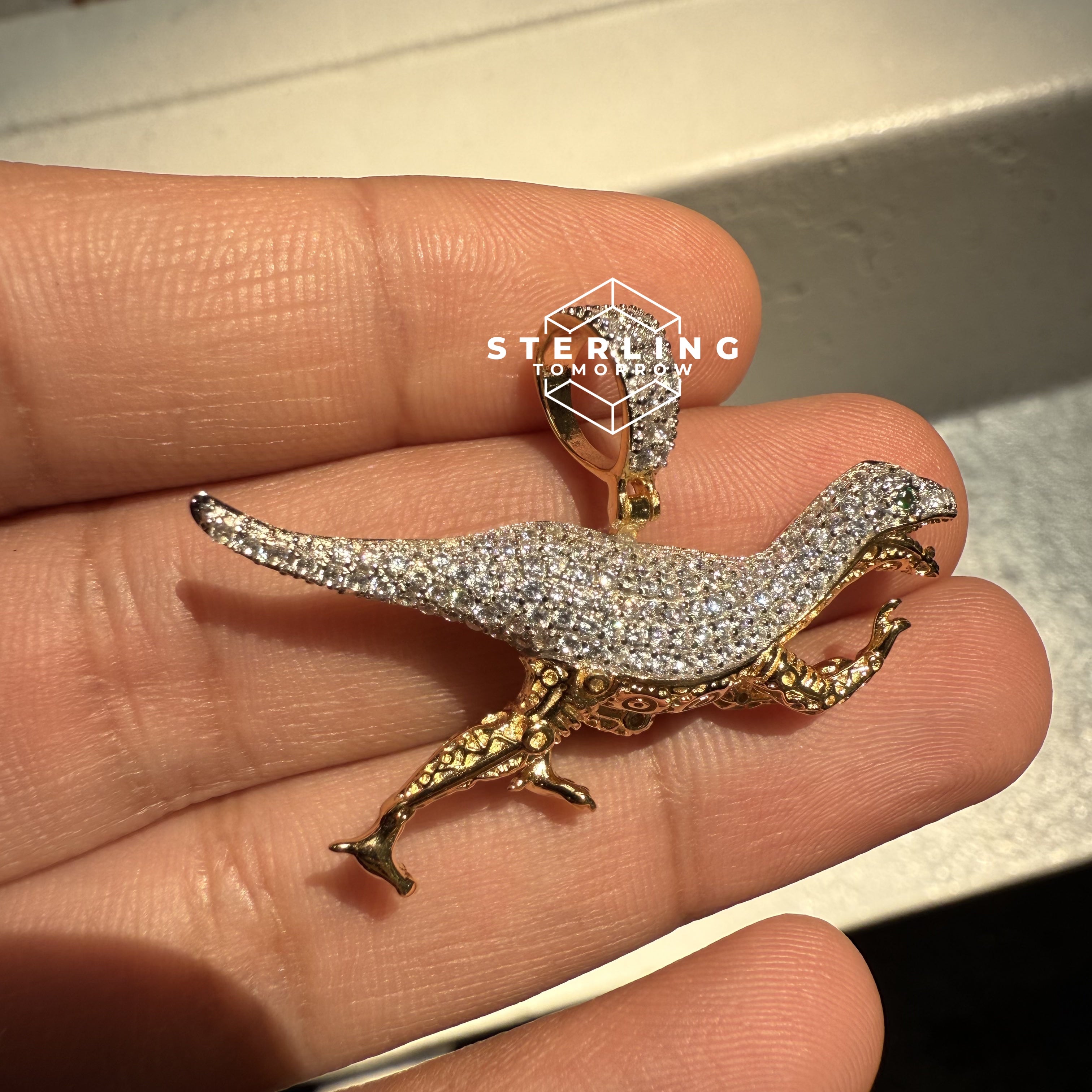 Dinosaur with Green Eyes CZ Pendant
