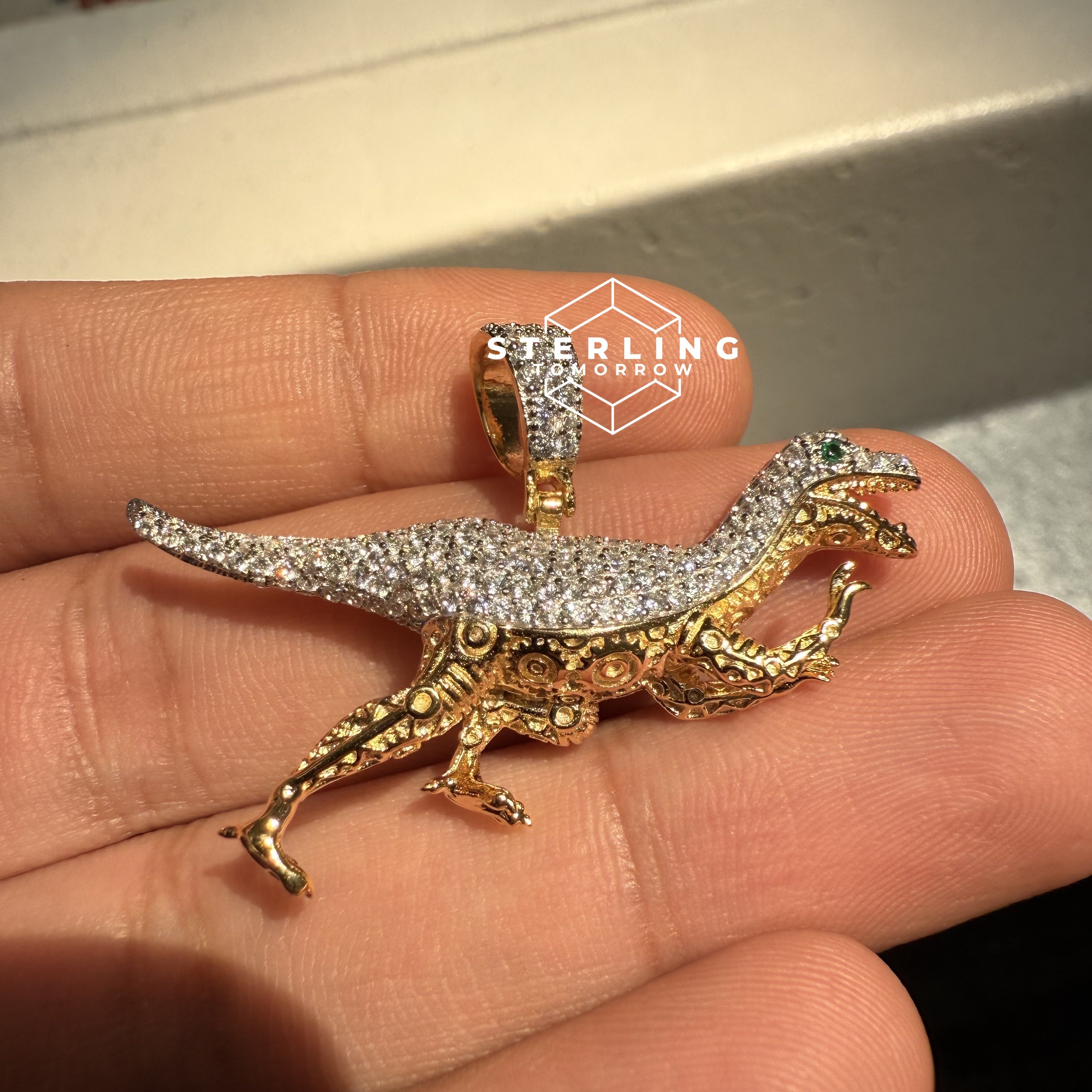 Dinosaur with Green Eyes CZ Pendant