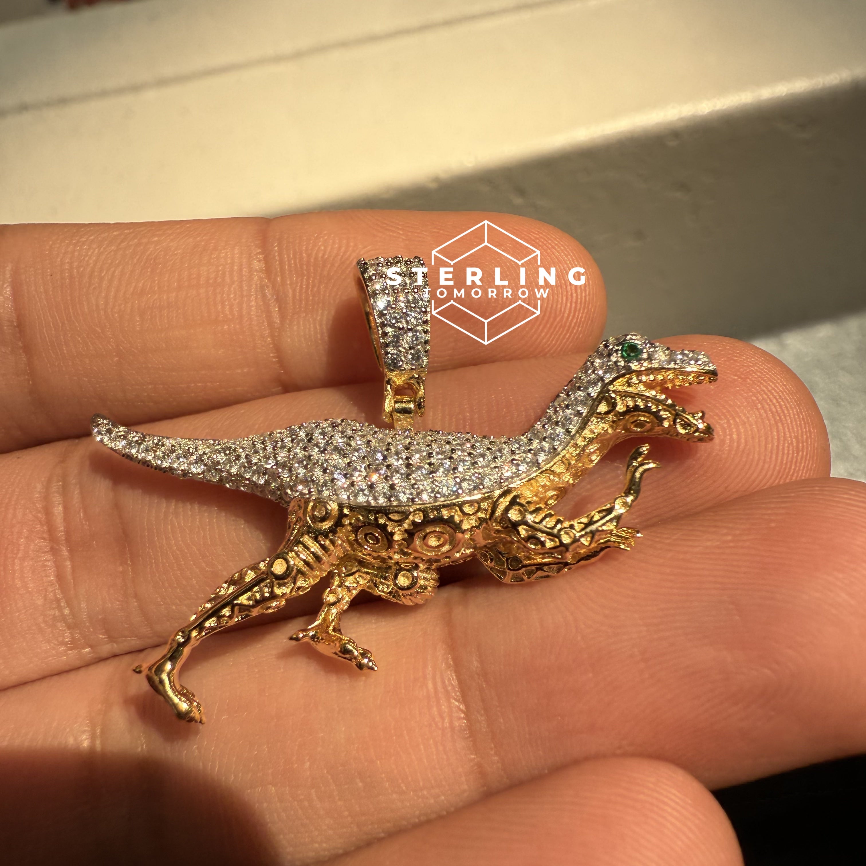Dinosaur with Green Eyes CZ Pendant