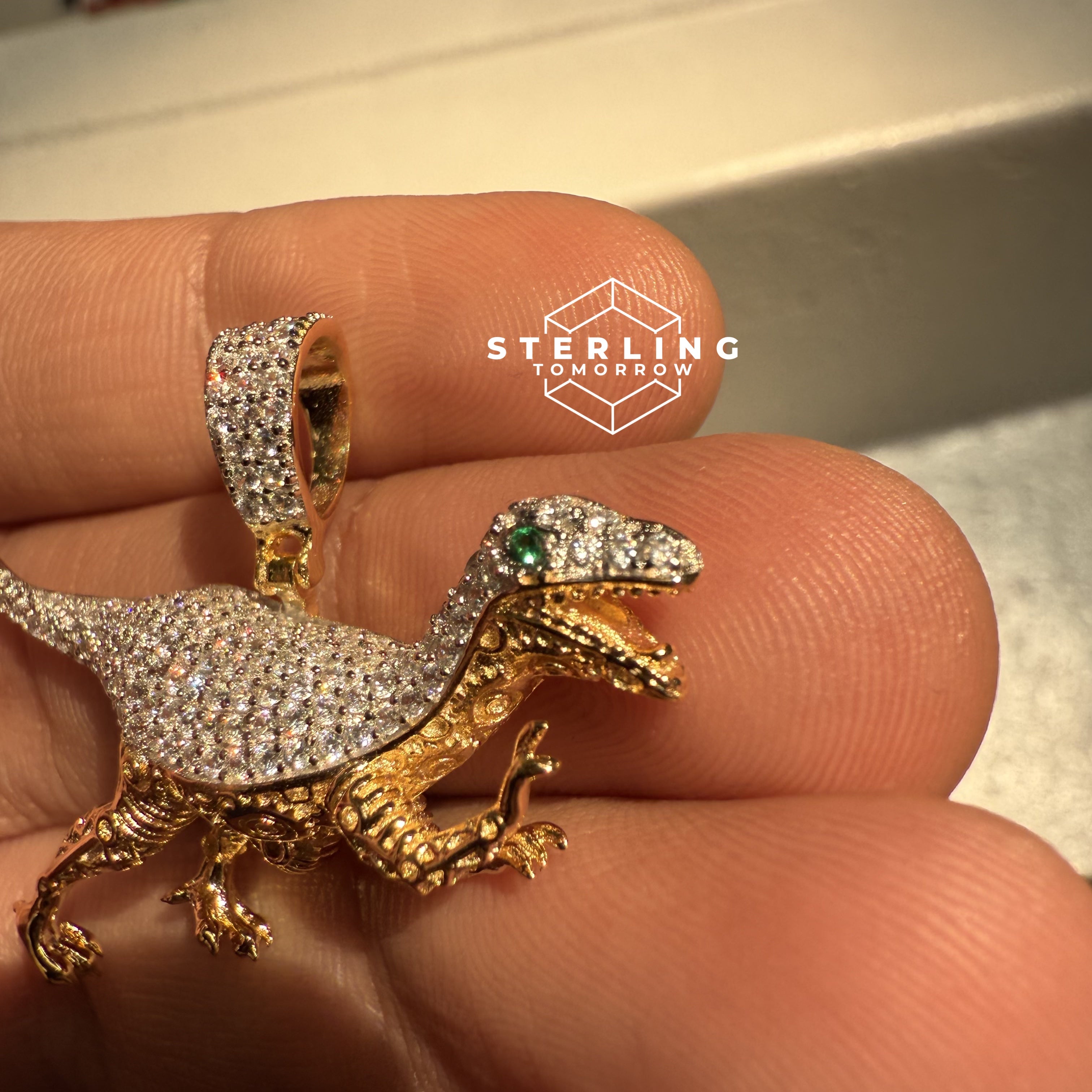 Dinosaur with Green Eyes CZ Pendant