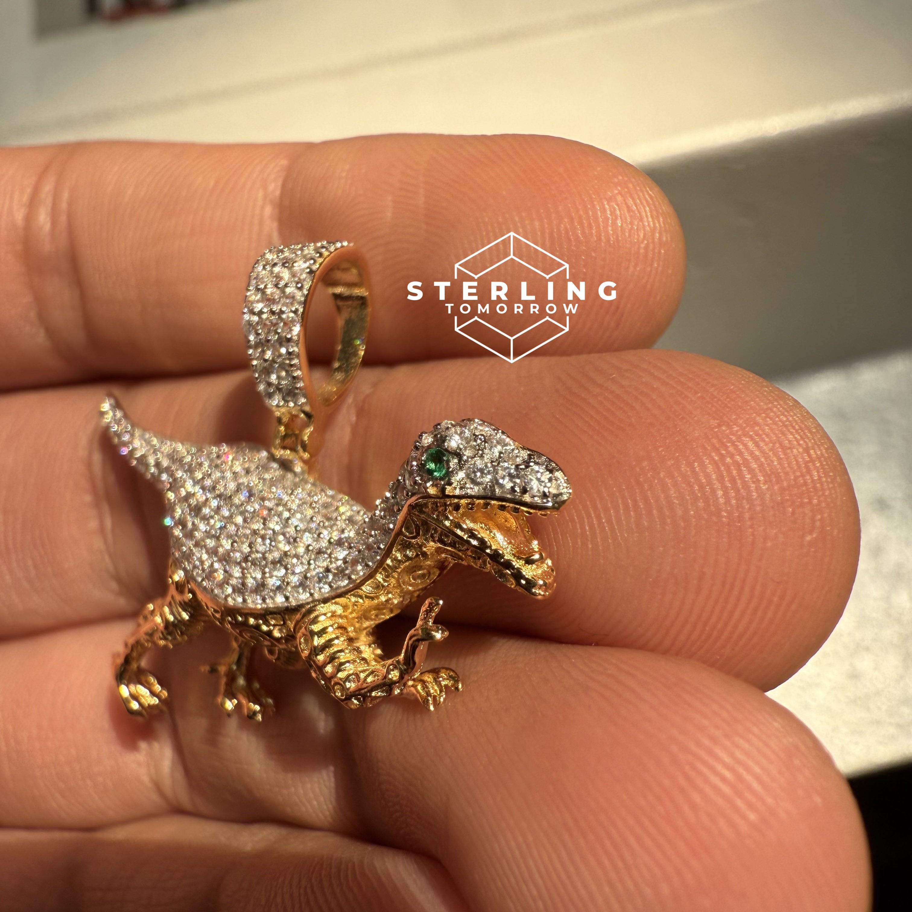 Dinosaur with Green Eyes CZ Pendant