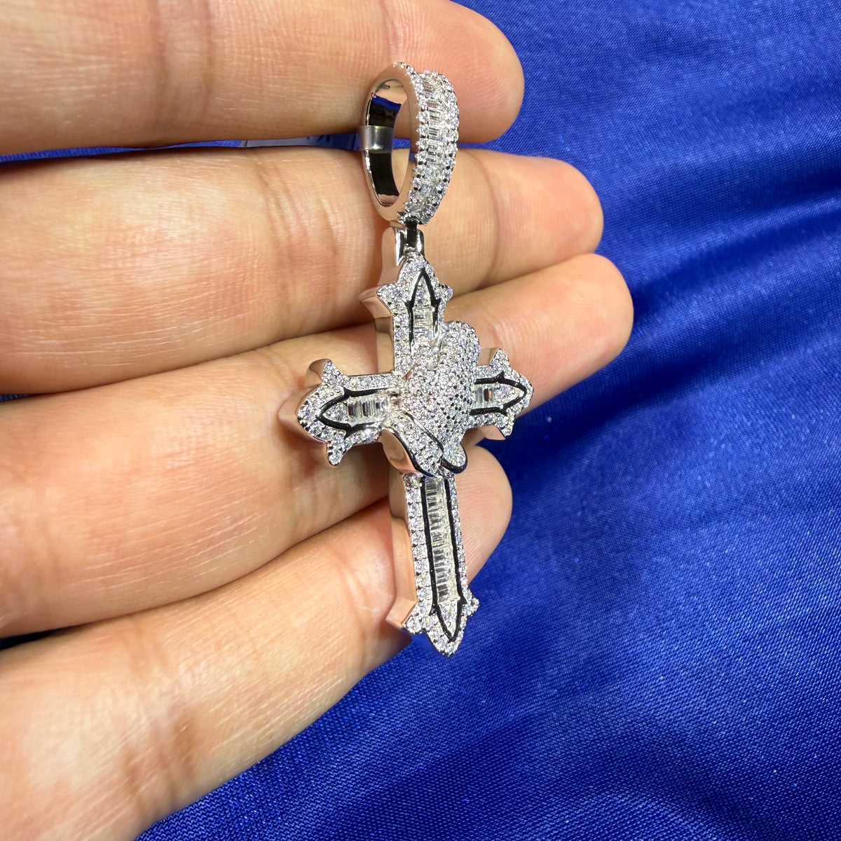 Moissanite Cross Prayer Hands Iced Pendant + Steel Rope Chain
