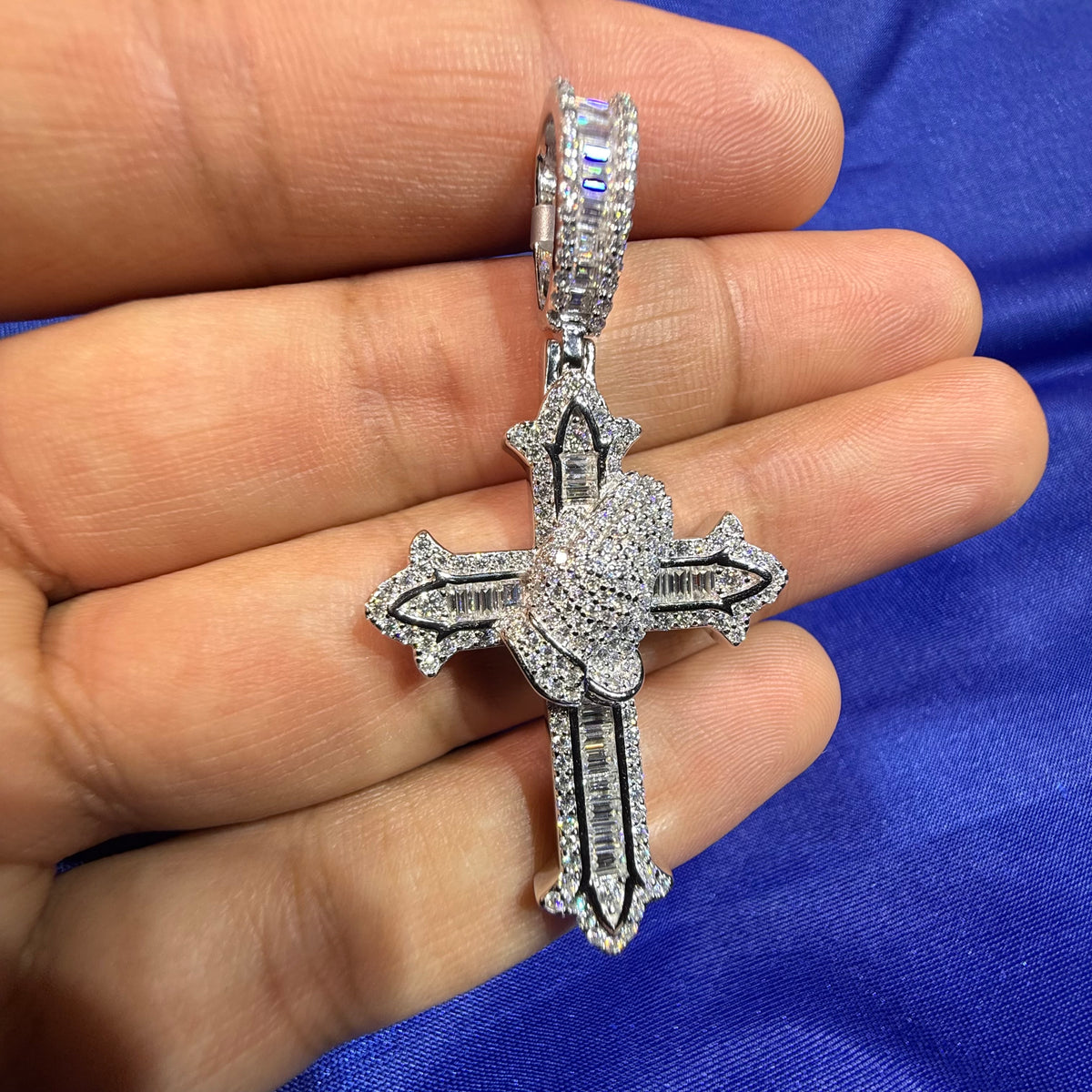 Moissanite Cross Prayer Hands Iced Pendant + Steel Rope Chain