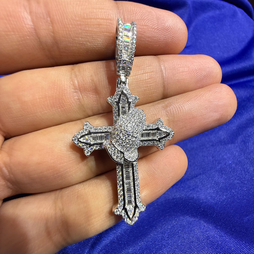 Moissanite Cross Prayer Hands Iced Pendant + Steel Rope Chain