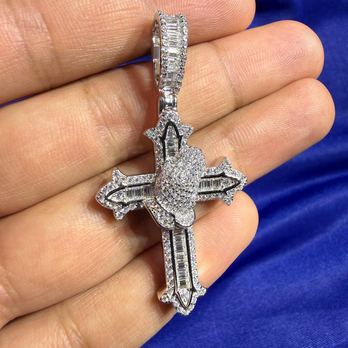 Moissanite Cross Prayer Hands Iced Pendant + Steel Rope Chain