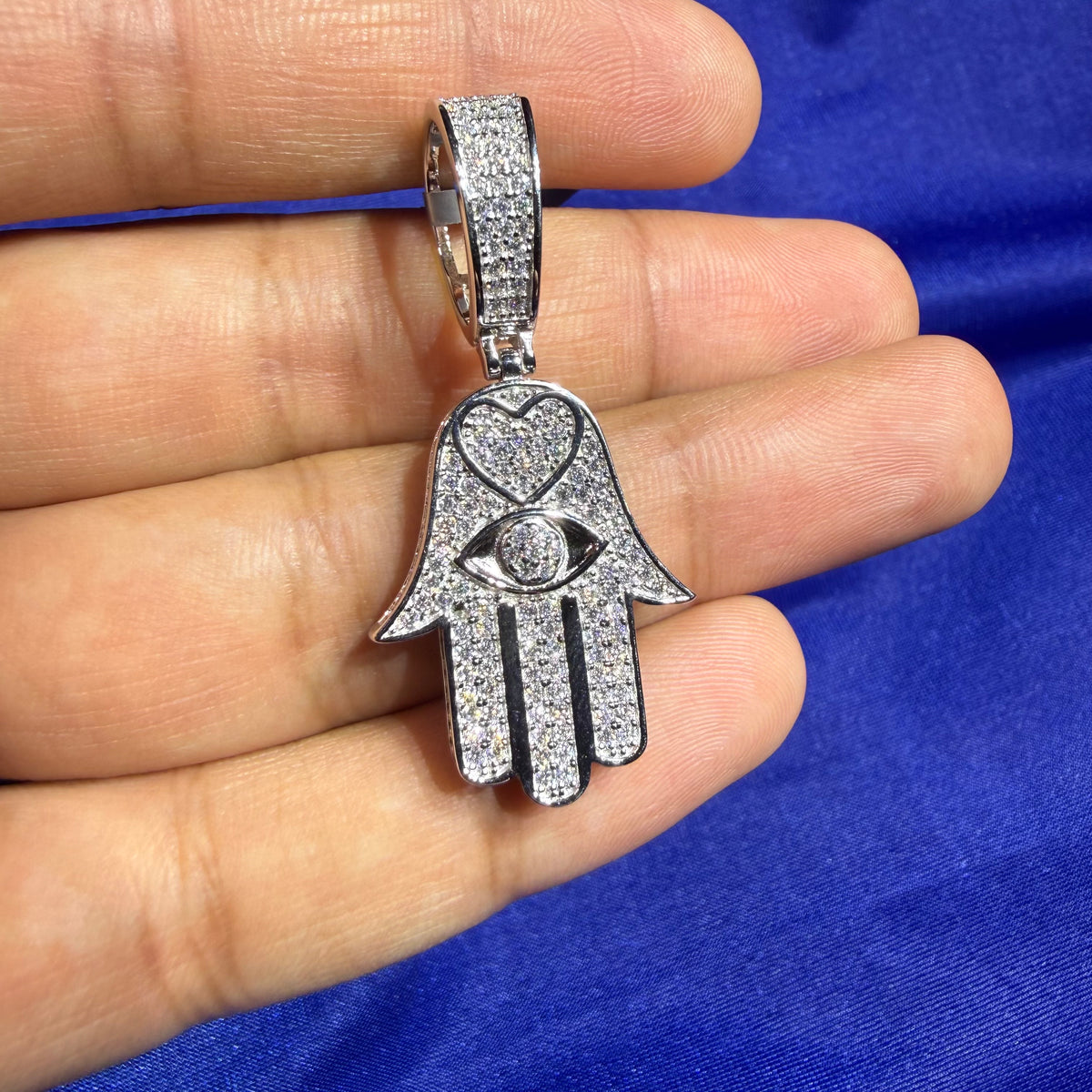Moissanite Hamsa Hand Heart Iced Pendant + Steel Rope Chain