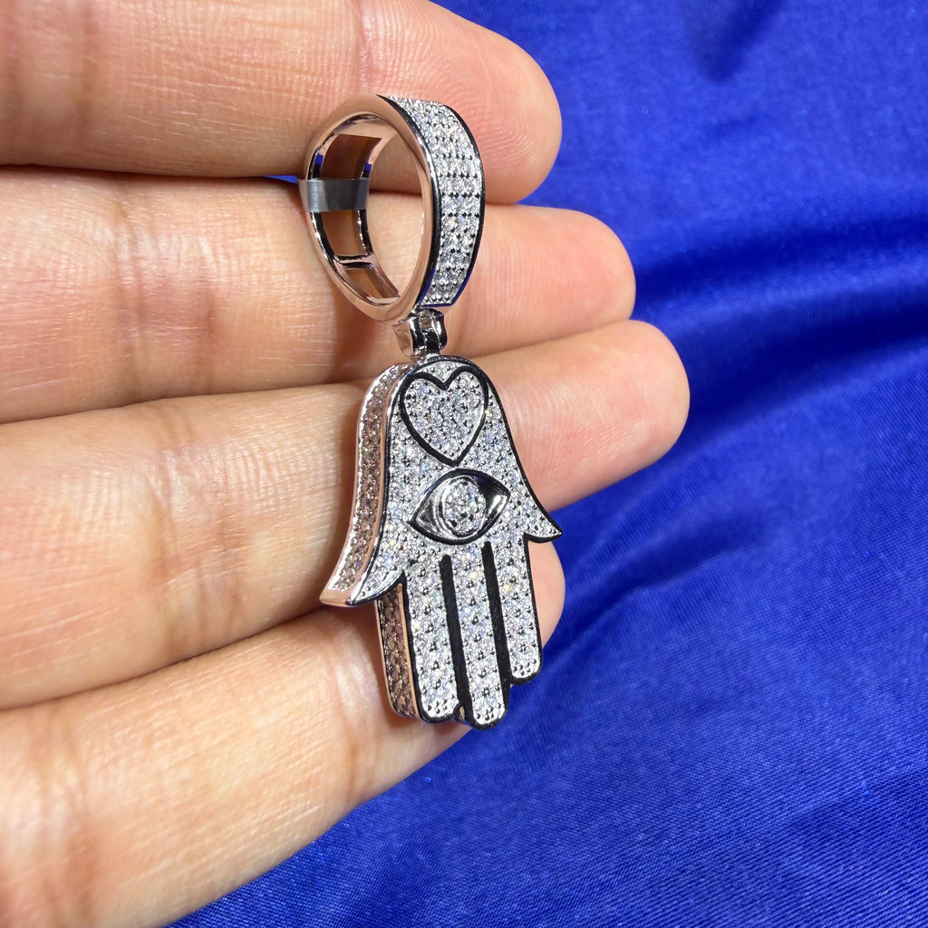 Moissanite Hamsa Hand Heart Iced Pendant + Steel Rope Chain