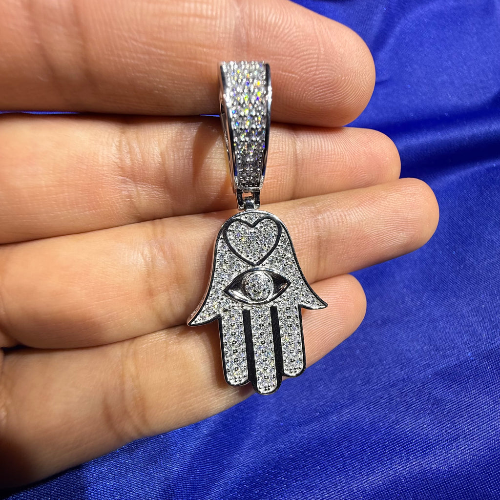 Moissanite Hamsa Hand Heart Iced Pendant + Steel Rope Chain