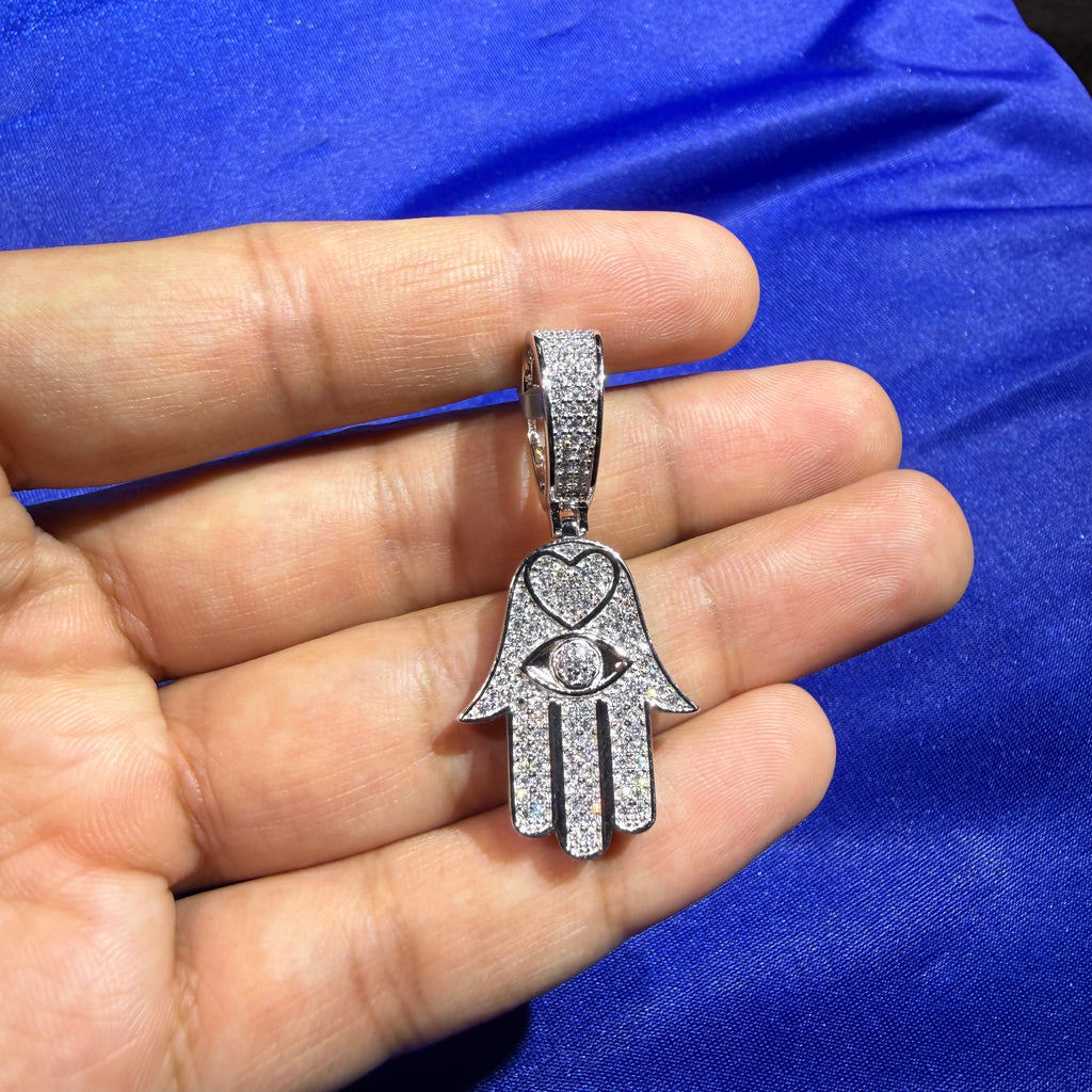 Moissanite Hamsa Hand Heart Iced Pendant + Steel Rope Chain