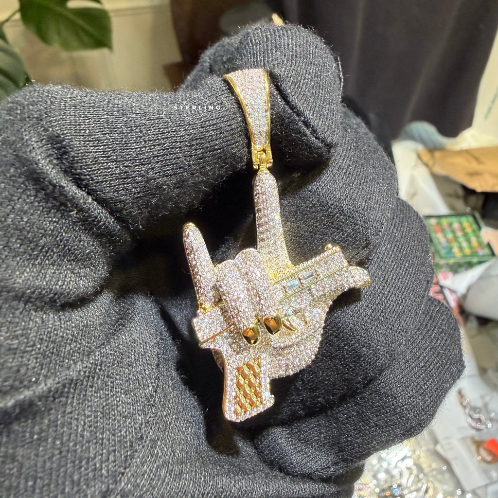 Iced Out Hand Gun Pendant Necklace, Finger Gun Charm, Gold CZ Statement Pendant, Hip Hop Jewelry