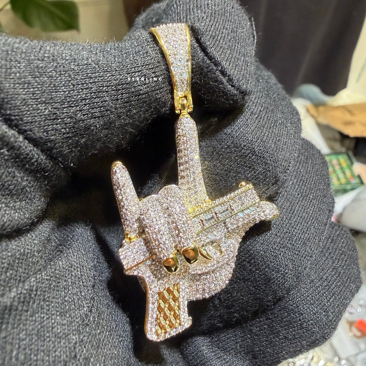 Iced Out Hand Gun Pendant Necklace, Finger Gun Charm, Gold CZ Statement Pendant, Hip Hop Jewelry
