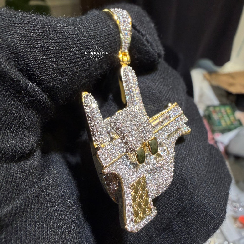 Iced Out Hand Gun Pendant Necklace, Finger Gun Charm, Gold CZ Statement Pendant, Hip Hop Jewelry