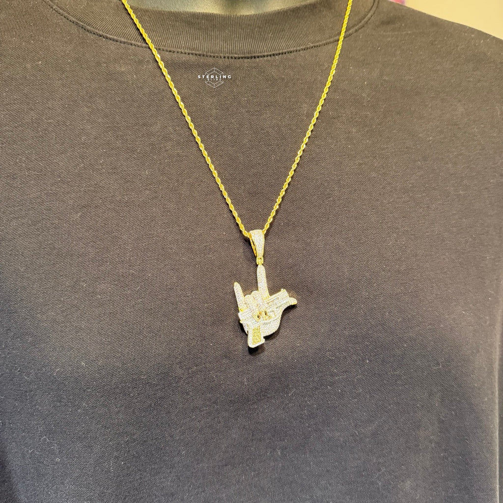 Iced Out Hand Gun Pendant Necklace, Finger Gun Charm, Gold CZ Statement Pendant, Hip Hop Jewelry