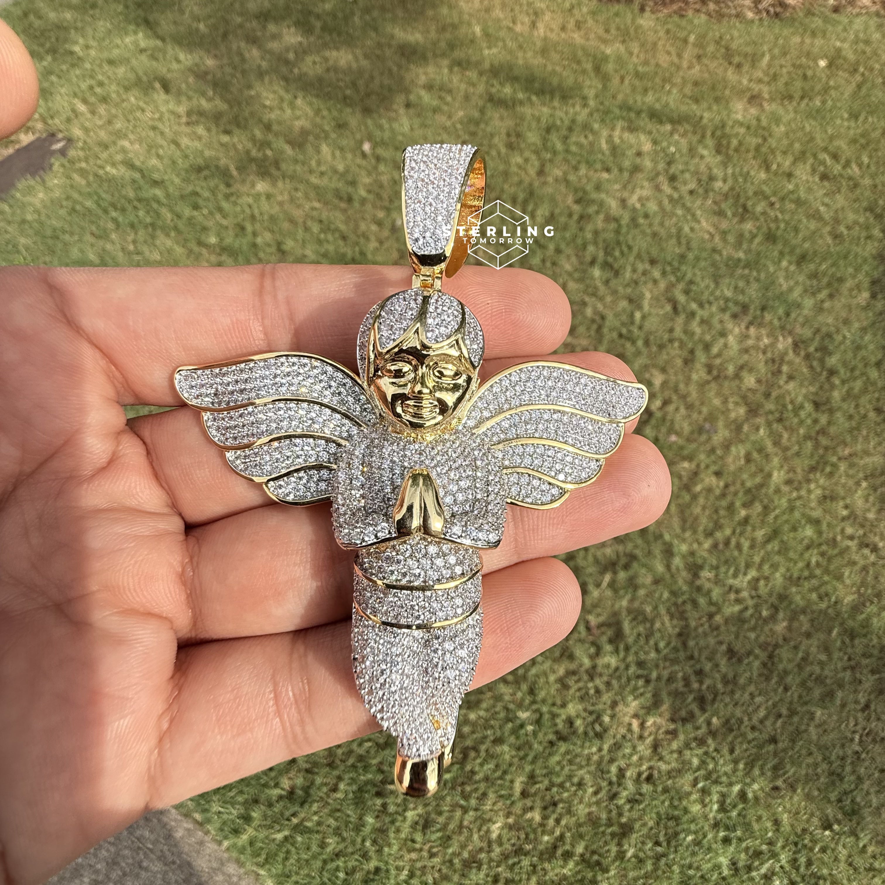 Gold Tone Large Iced Out Angel Pendant