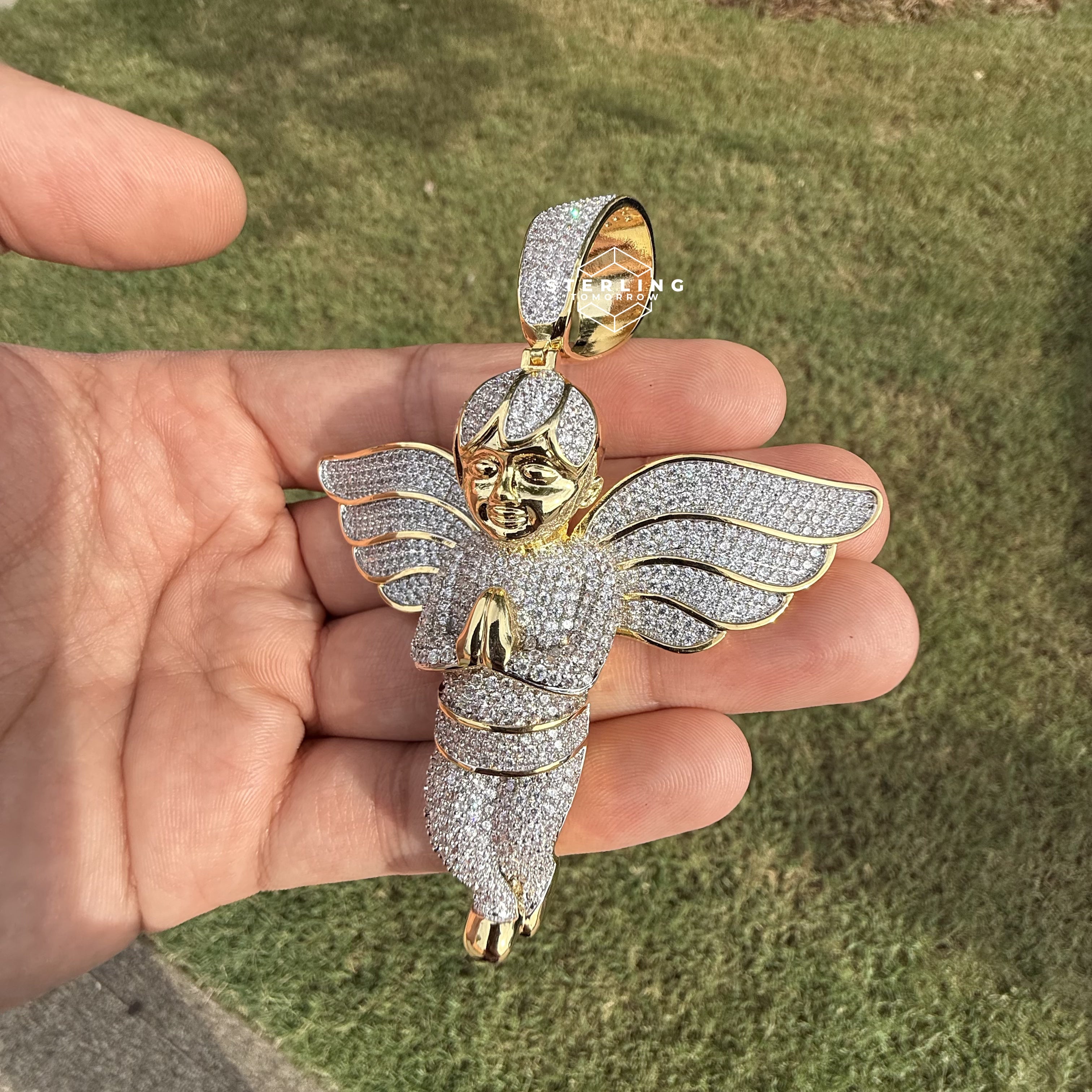 Gold Tone Large Iced Out Angel Pendant