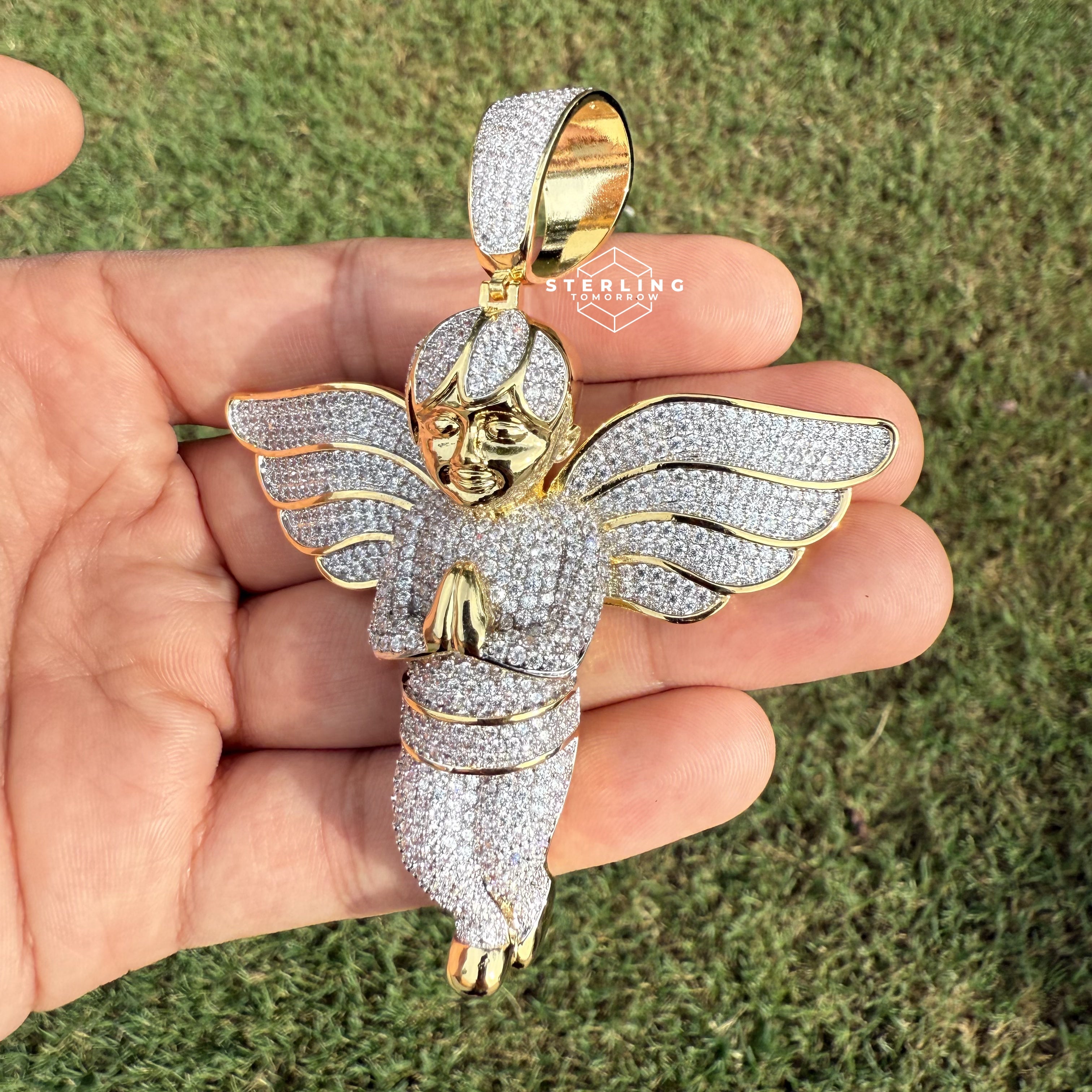 Gold Tone Large Iced Out Angel Pendant