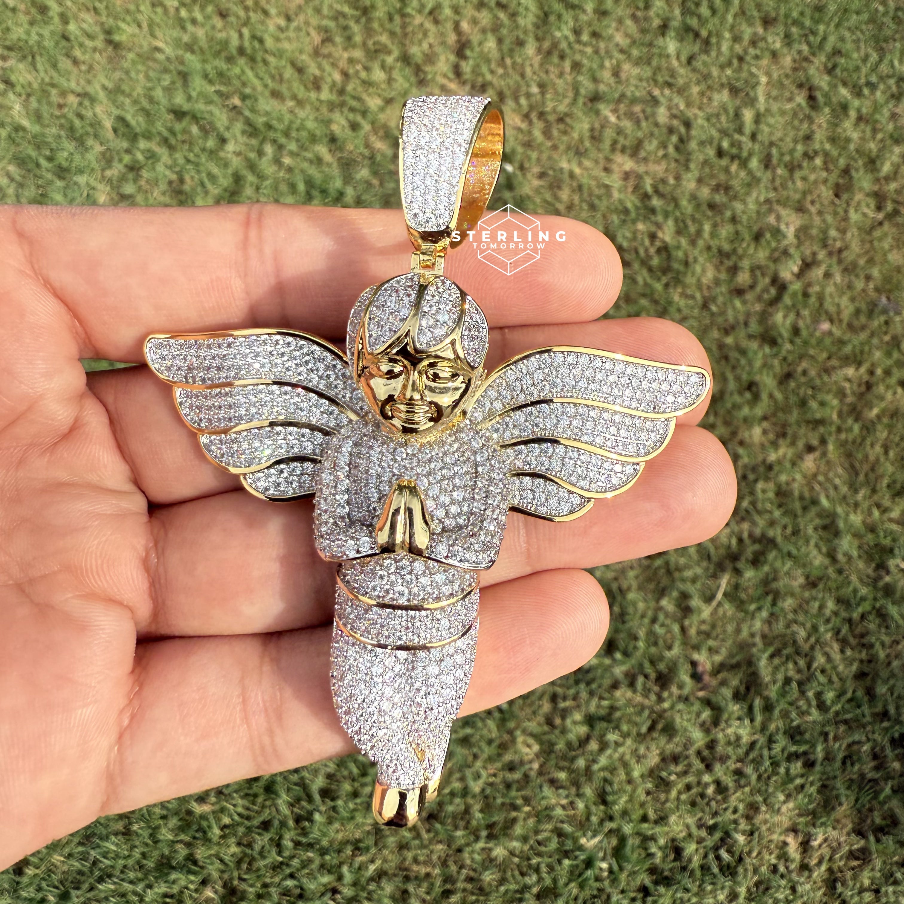 Gold Tone Large Iced Out Angel Pendant