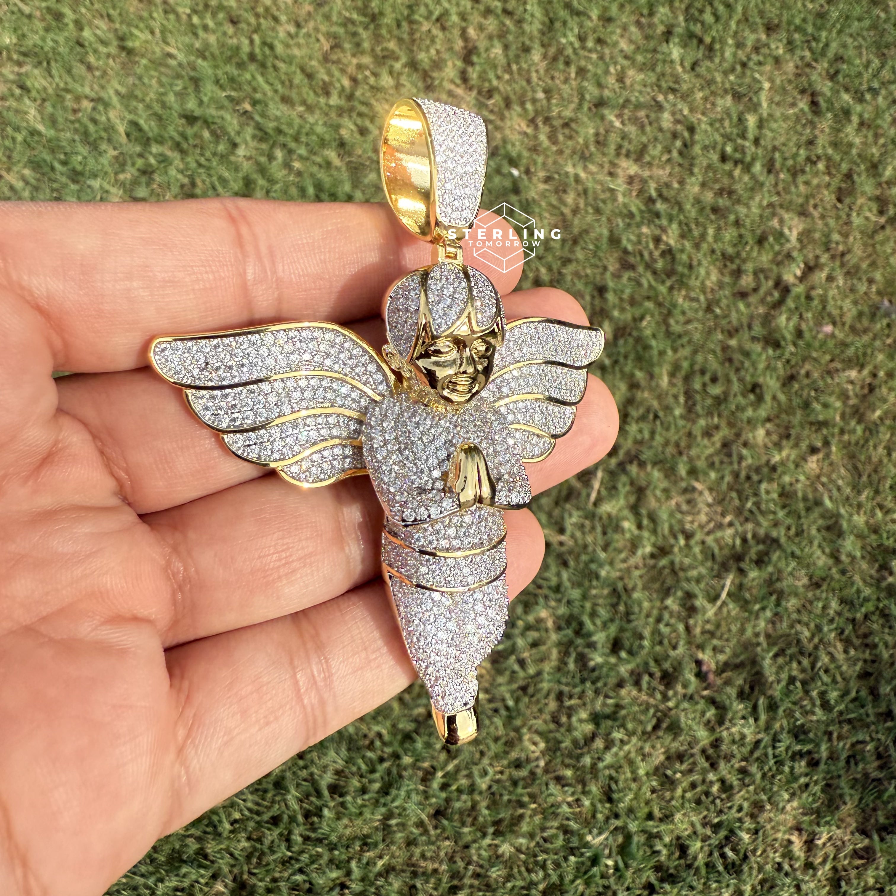 Gold Tone Large Iced Out Angel Pendant