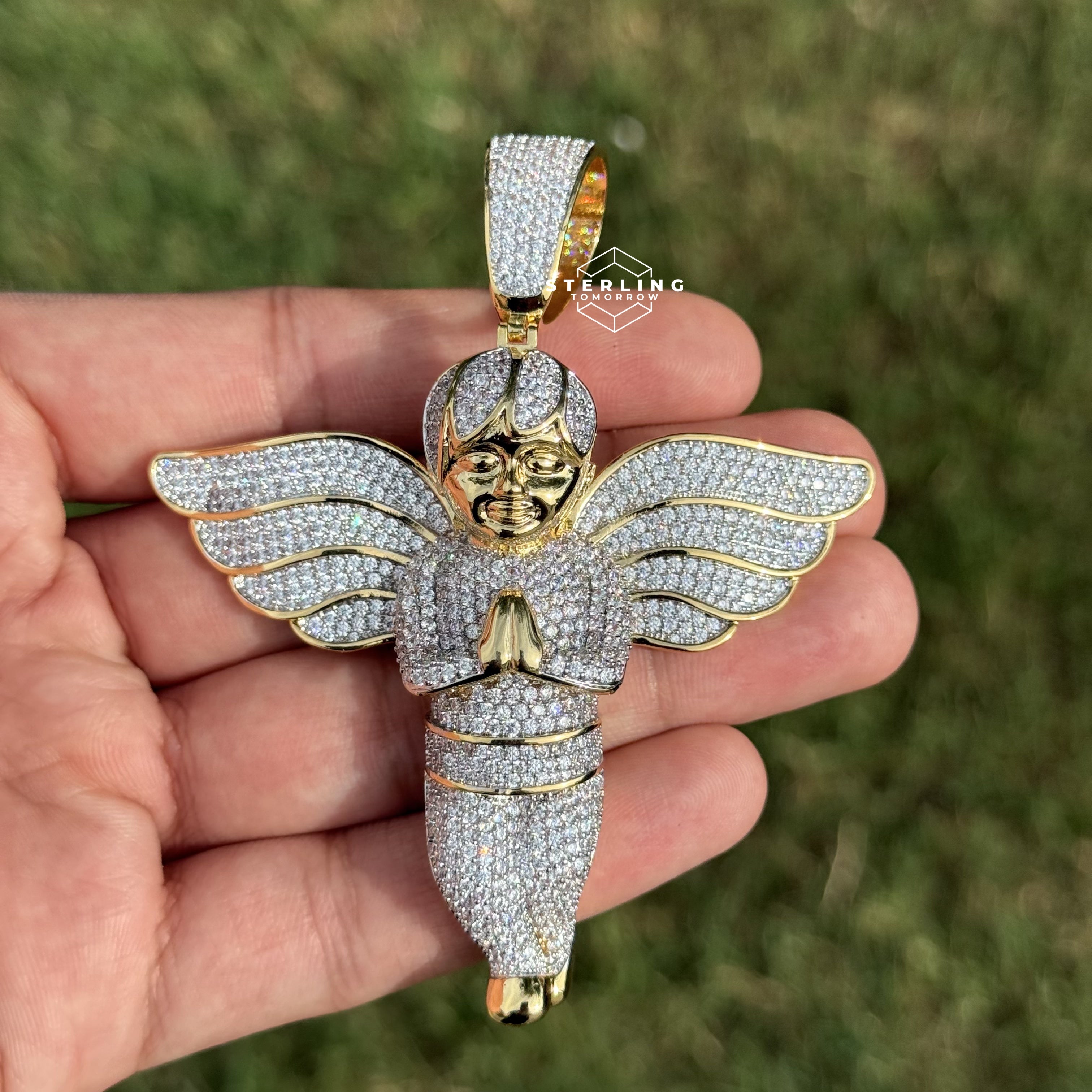 Gold Tone Large Iced Out Angel Pendant