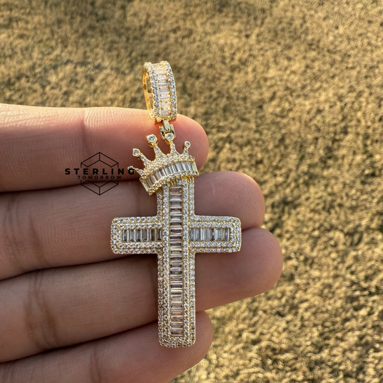 Cross with Crown Gold Tone Pendant
