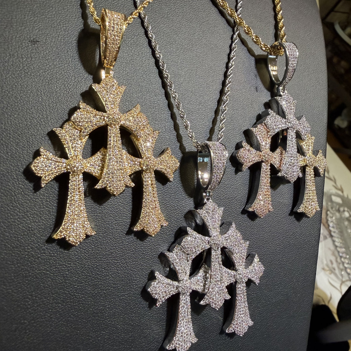 Triple Heart Cross Pendant 14k Gold Plated CZ