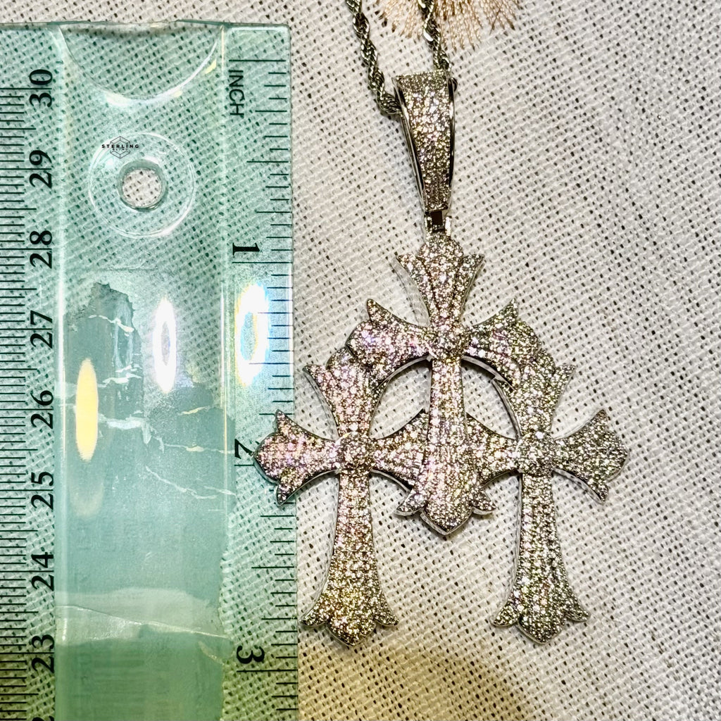 Triple Heart Cross Pendant 14k Gold Plated CZ