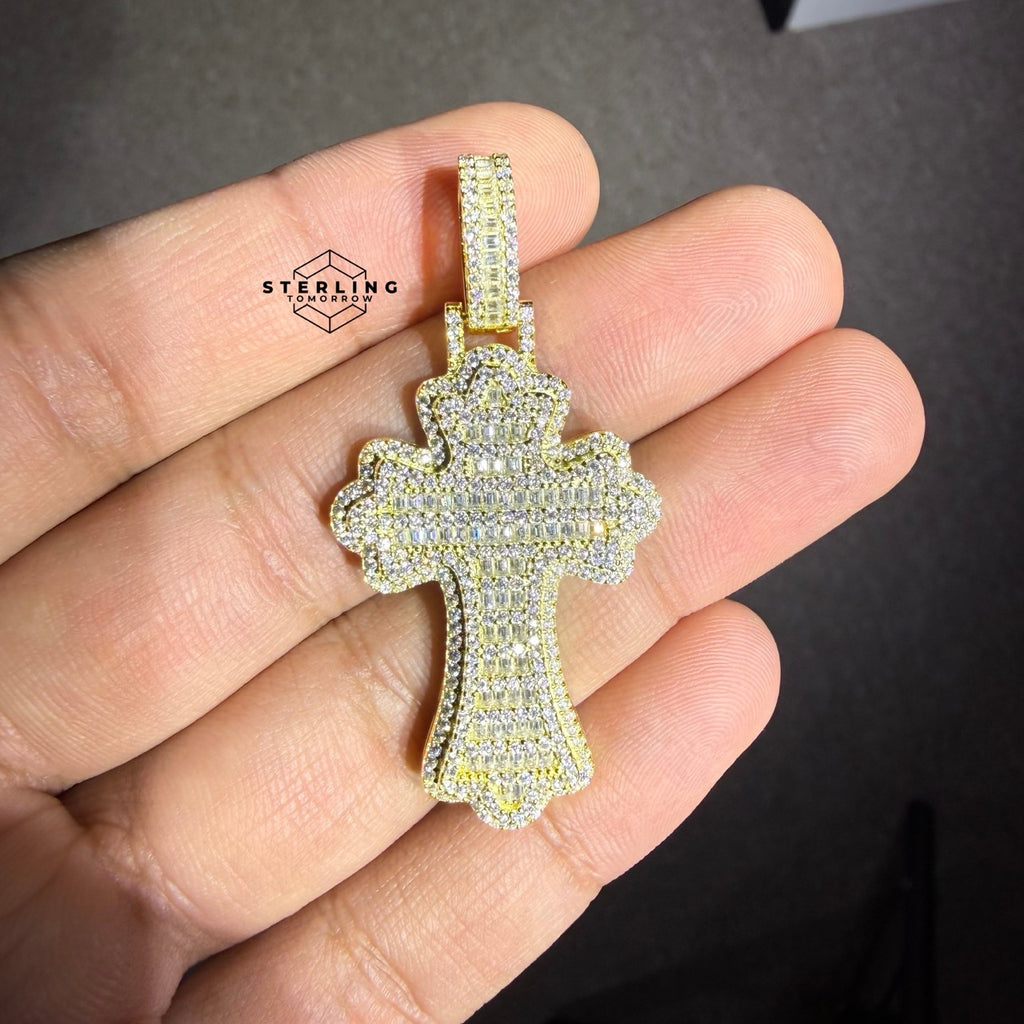 Moissanite Gothic Flared Cross 2" Pendant - Gold Tone