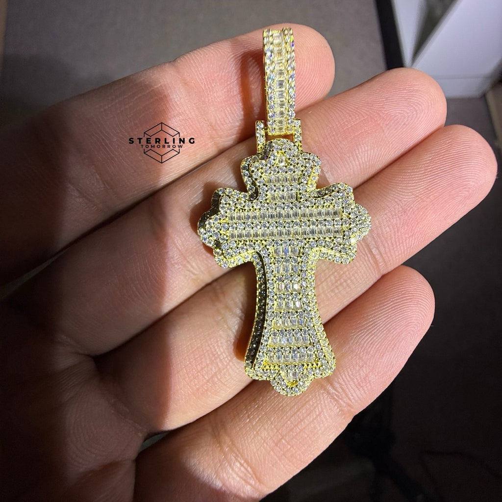 Moissanite Gothic Flared Cross 2" Pendant - Gold Tone