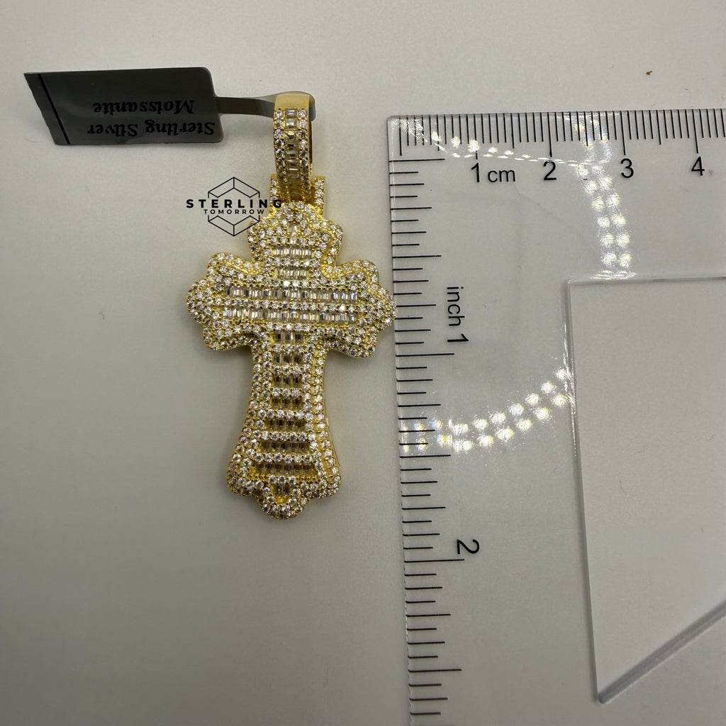 Moissanite Gothic Flared Cross 2" Pendant - Gold Tone