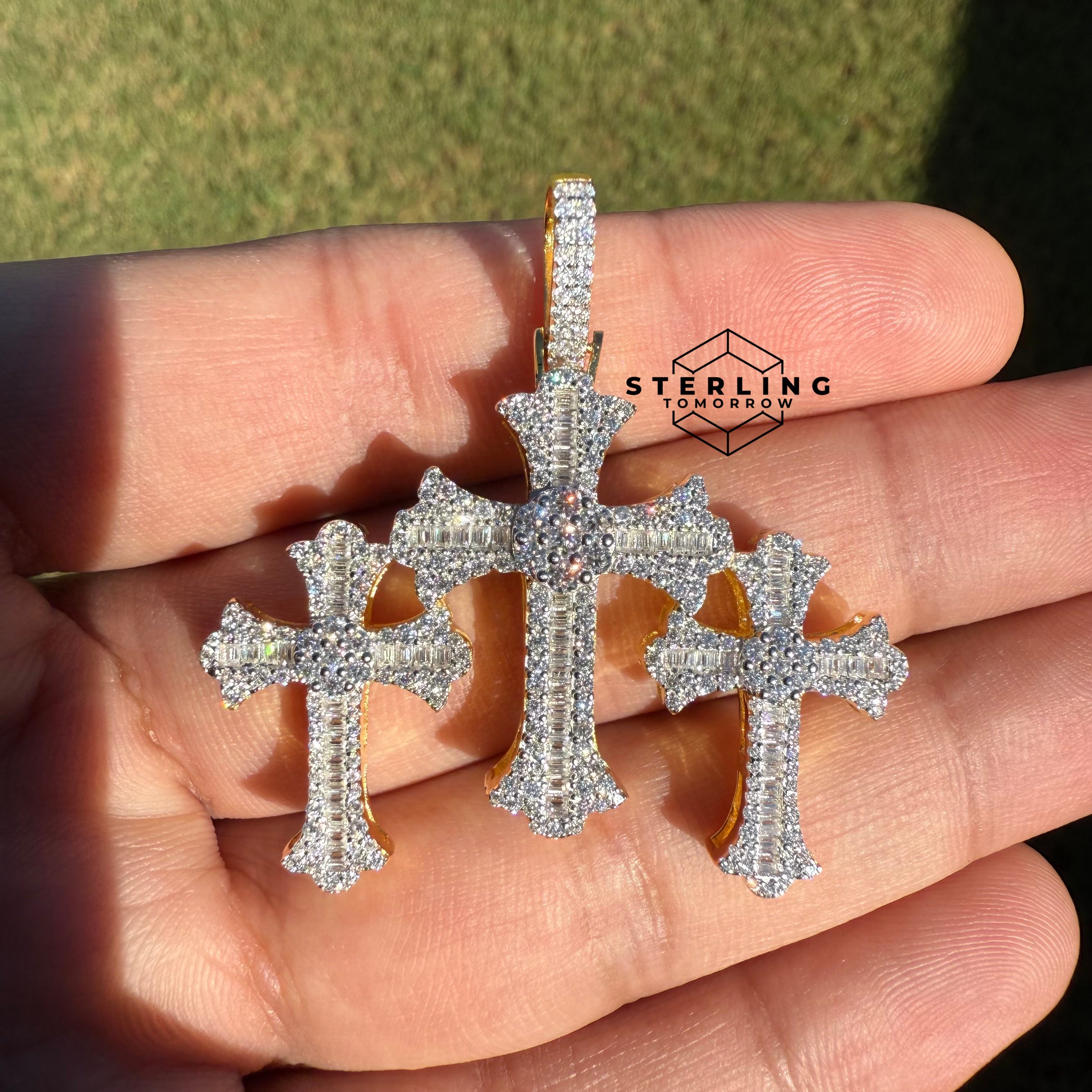 Triple Cross Gold Tone Moissanite Pendant