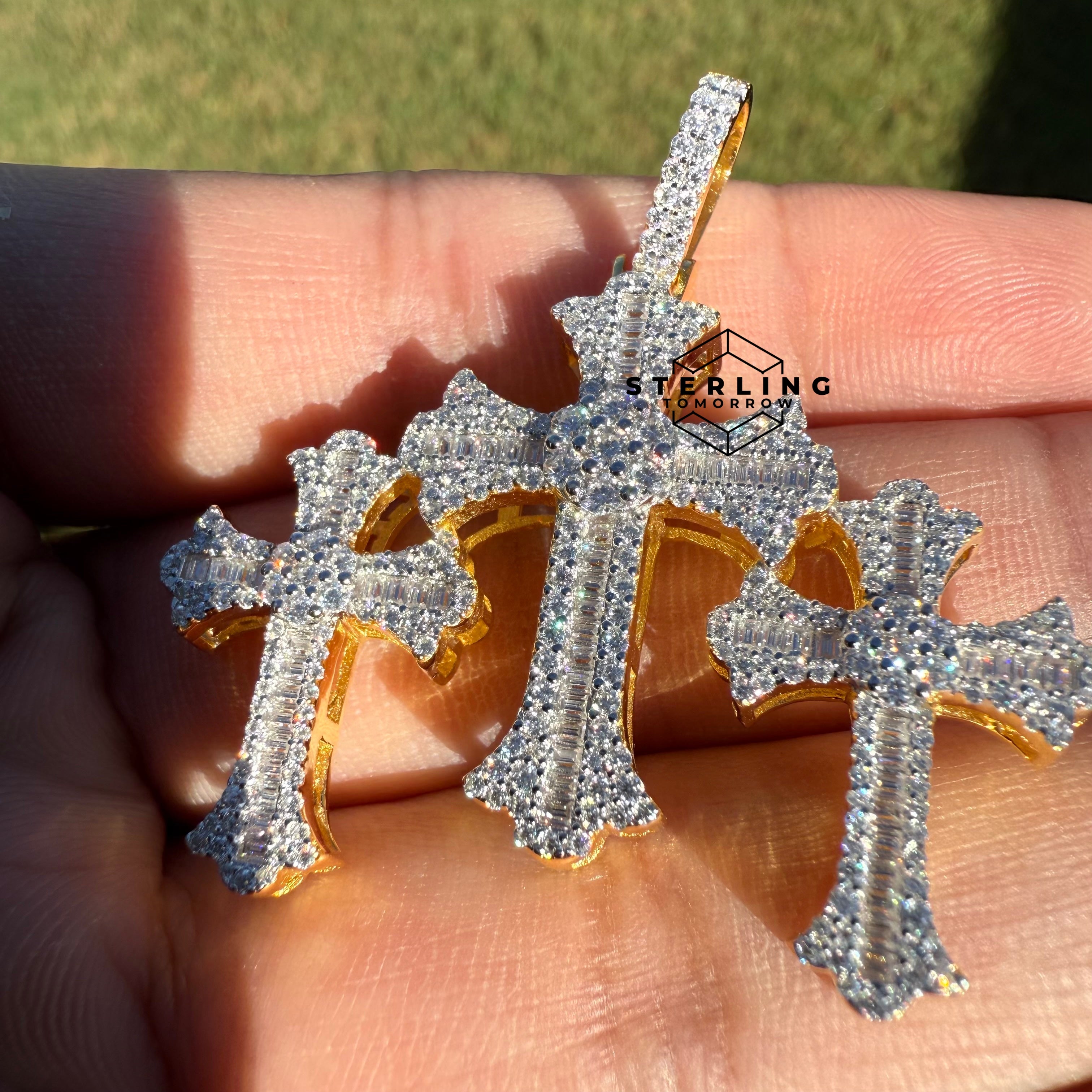Triple Cross Gold Tone Moissanite Pendant